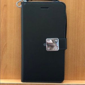 Diary/wallet case in black with wrist strap.